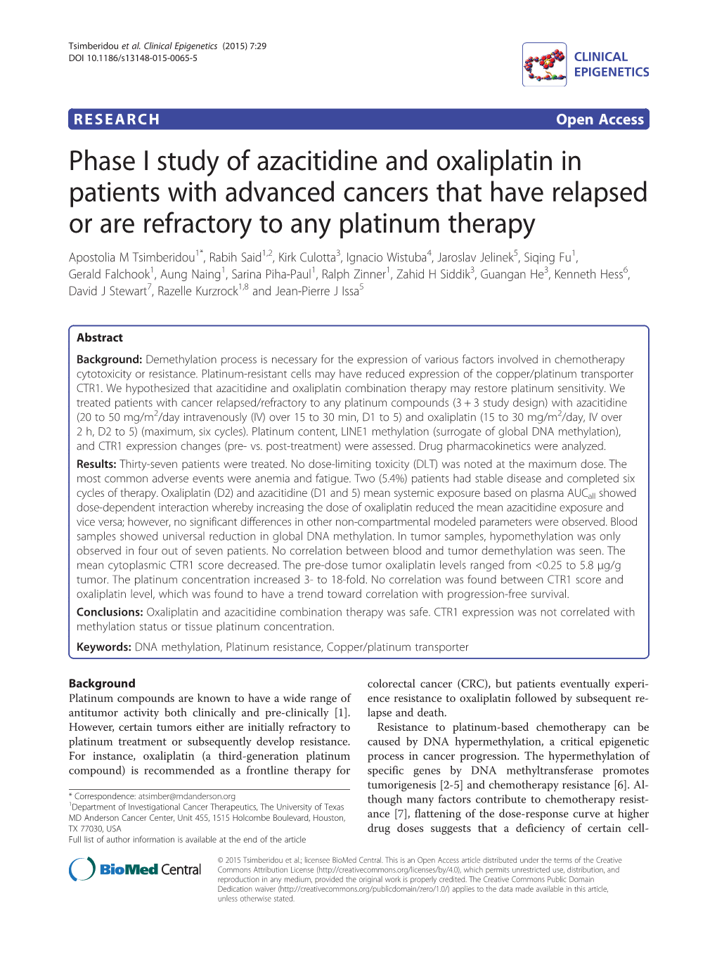 Phase I Study of Azacitidine and Oxaliplatin in Patients with Advanced Cancers That Have Relapsed Or Are Refractory to Any Plati