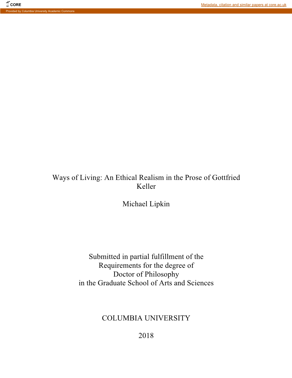 An Ethical Realism in the Prose of Gottfried Keller Michael