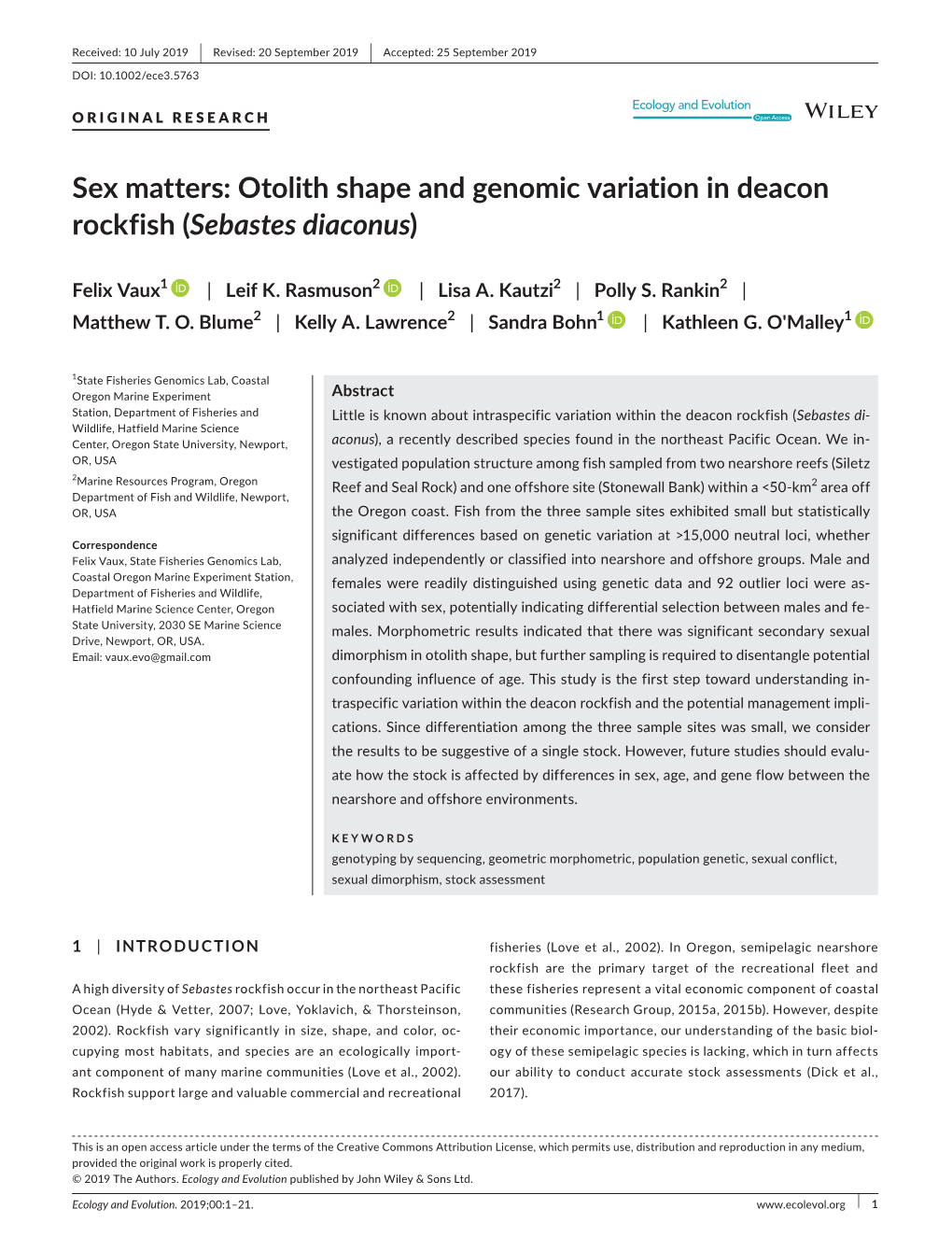 Otolith Shape and Genomic Variation in Deacon Rockfish (Sebastes Diaconus)