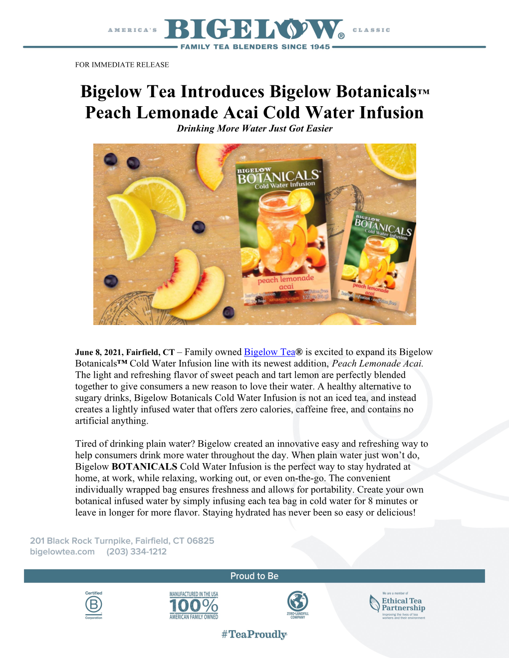 Bigelow Tea Introduces Bigelow Botanicals™ Peach Lemonade Acai Cold Water Infusion Drinking More Water Just Got Easier