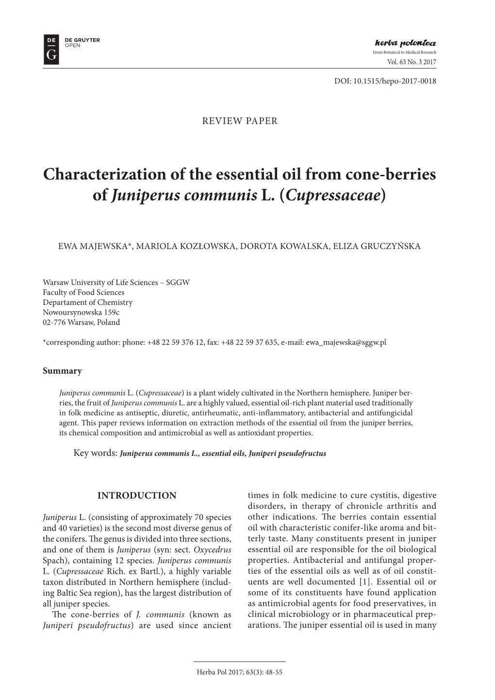 Characterization of the Essential Oil from Cone-Berries of Juniperus Communis L