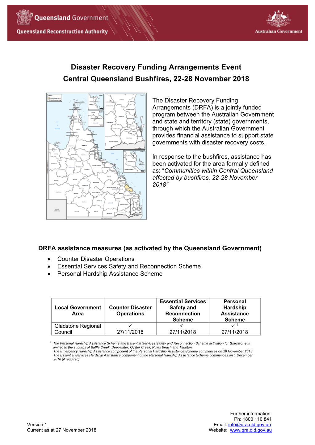 Disaster Recovery Funding Arrangements Event Central Queensland Bushfires, 22-28 November 2018