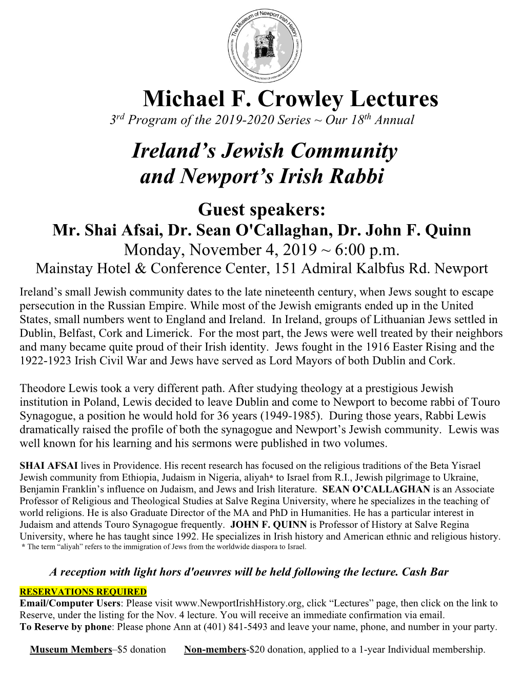 Michael F. Crowley Lectures 3Rd Program of the 2019-2020 Series ~ Our 18Th Annual