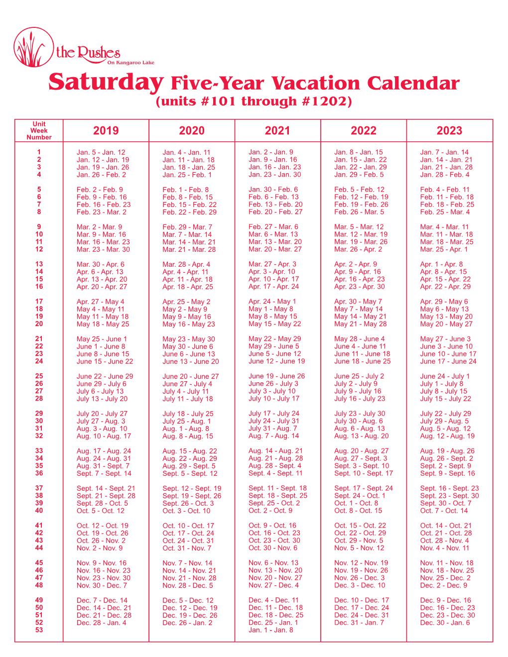 Saturday Five-Year Vacation Calendar (Units #101 Through #1202)