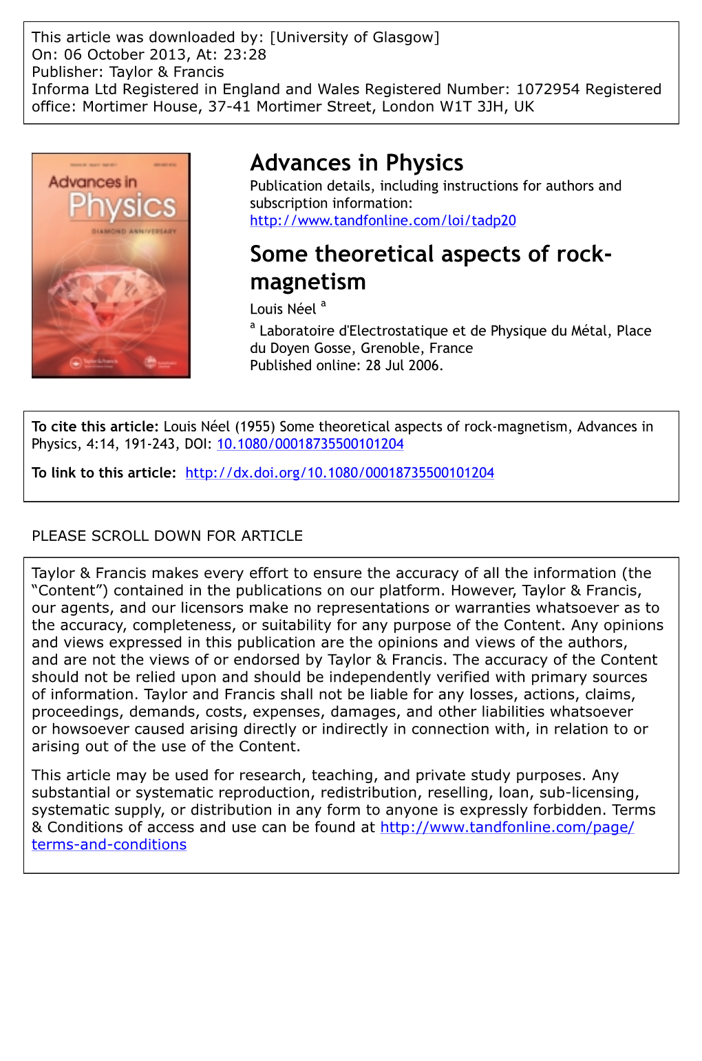 Advances in Physics Some Theoretical Aspects of Rock- Magnetism