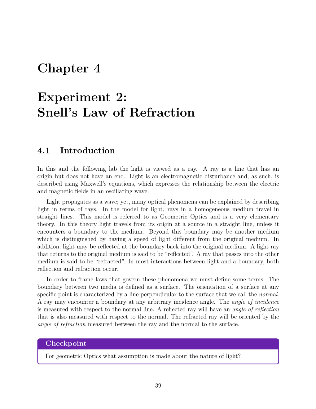 Chapter 4 Experiment 2: Snell's Law of Refraction