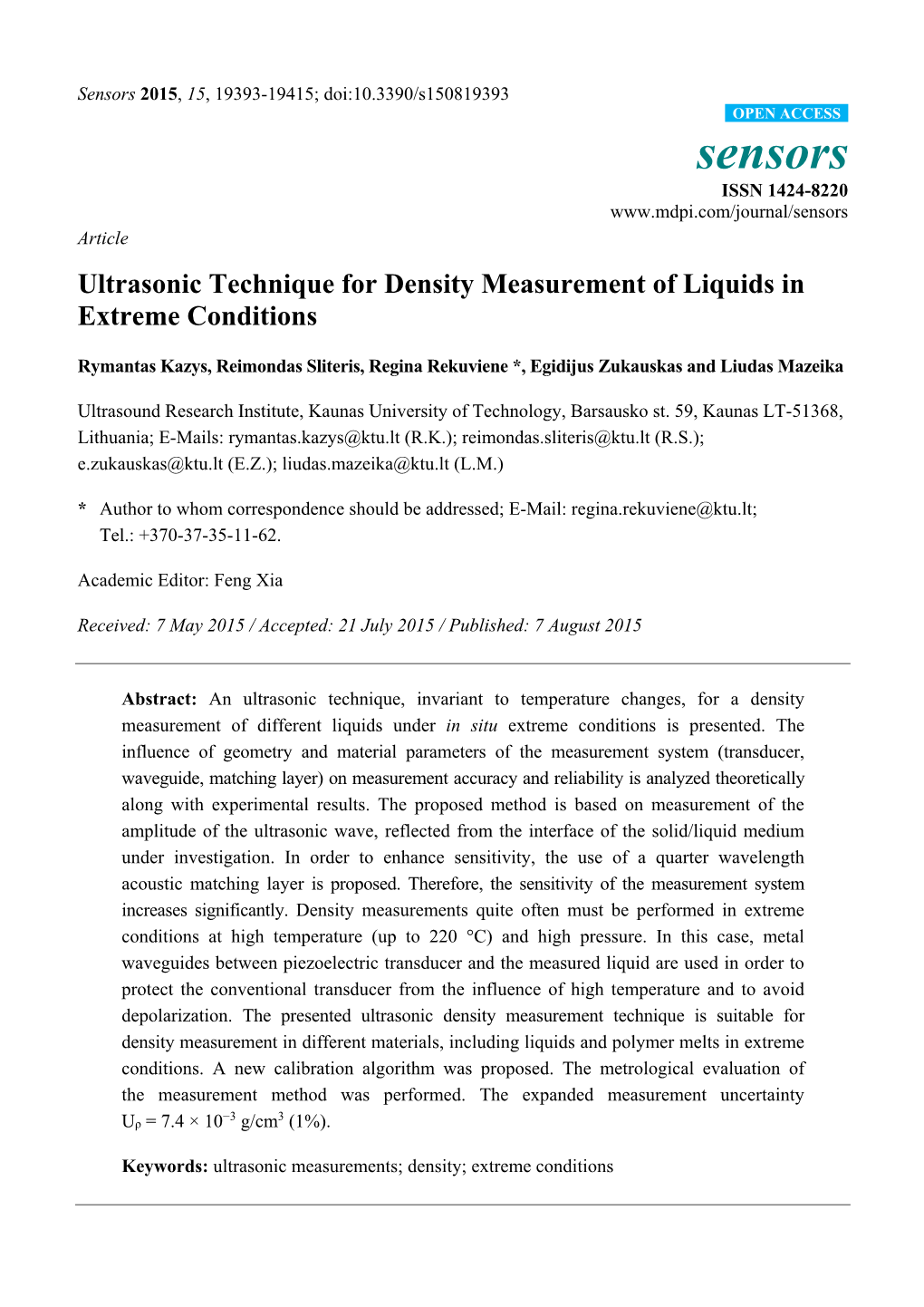 Ultrasonic Technique for Density Measurement of Liquids in Extreme Conditions