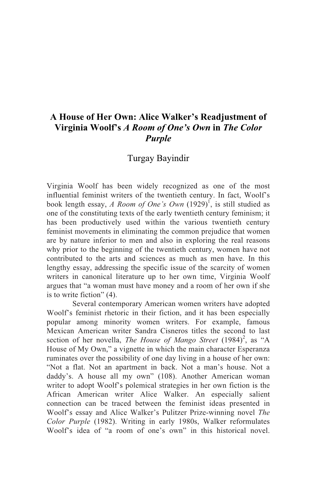 Alice Walker's Readjustment of Virginia Woolf's a Room Of
