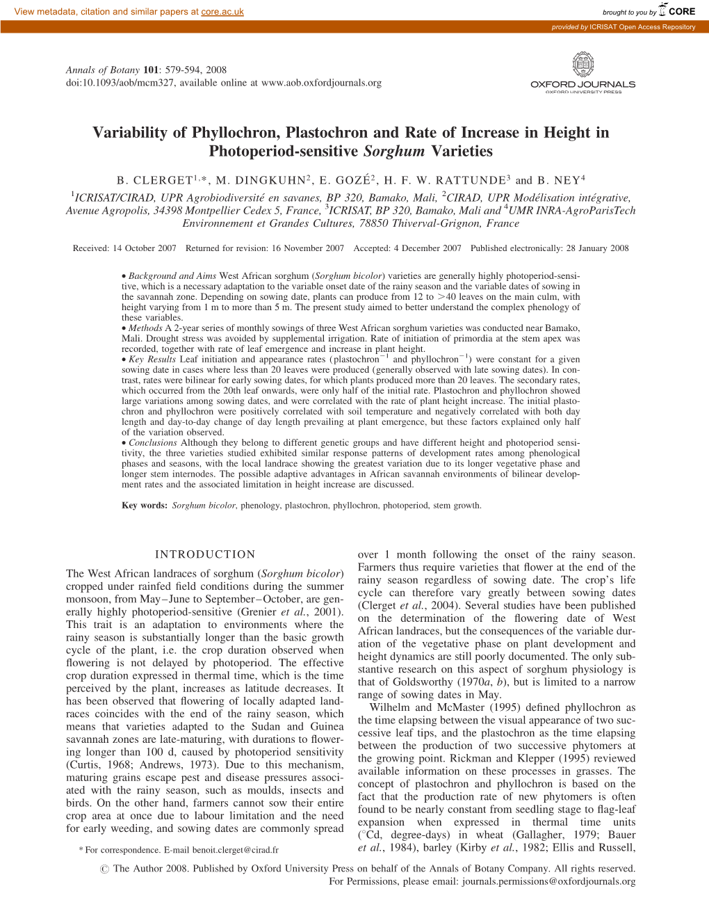 Variability of Phyllochron, Plastochron and Rate of Increase in Height in Photoperiod-Sensitive Sorghum Varieties