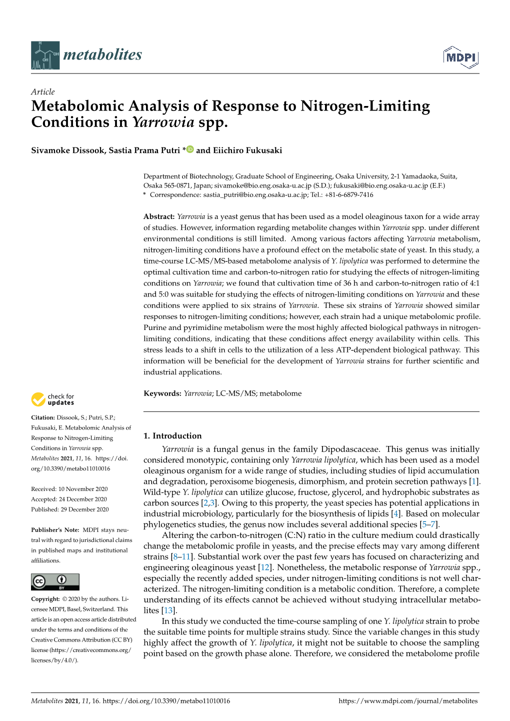 Metabolomic Analysis of Response to Nitrogen-Limiting Conditions in Yarrowia Spp