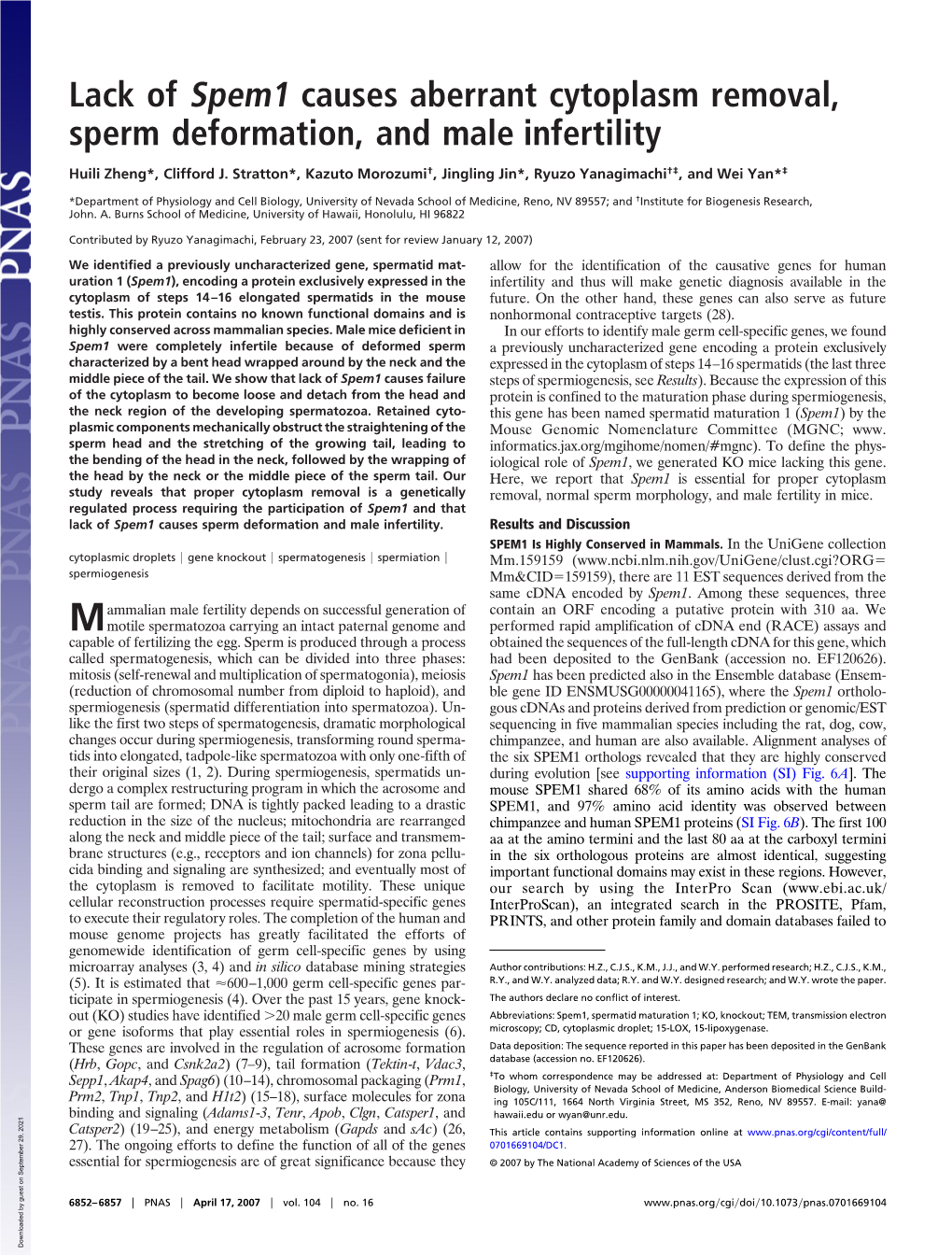 Lack of Spem1 Causes Aberrant Cytoplasm Removal, Sperm Deformation, and Male Infertility