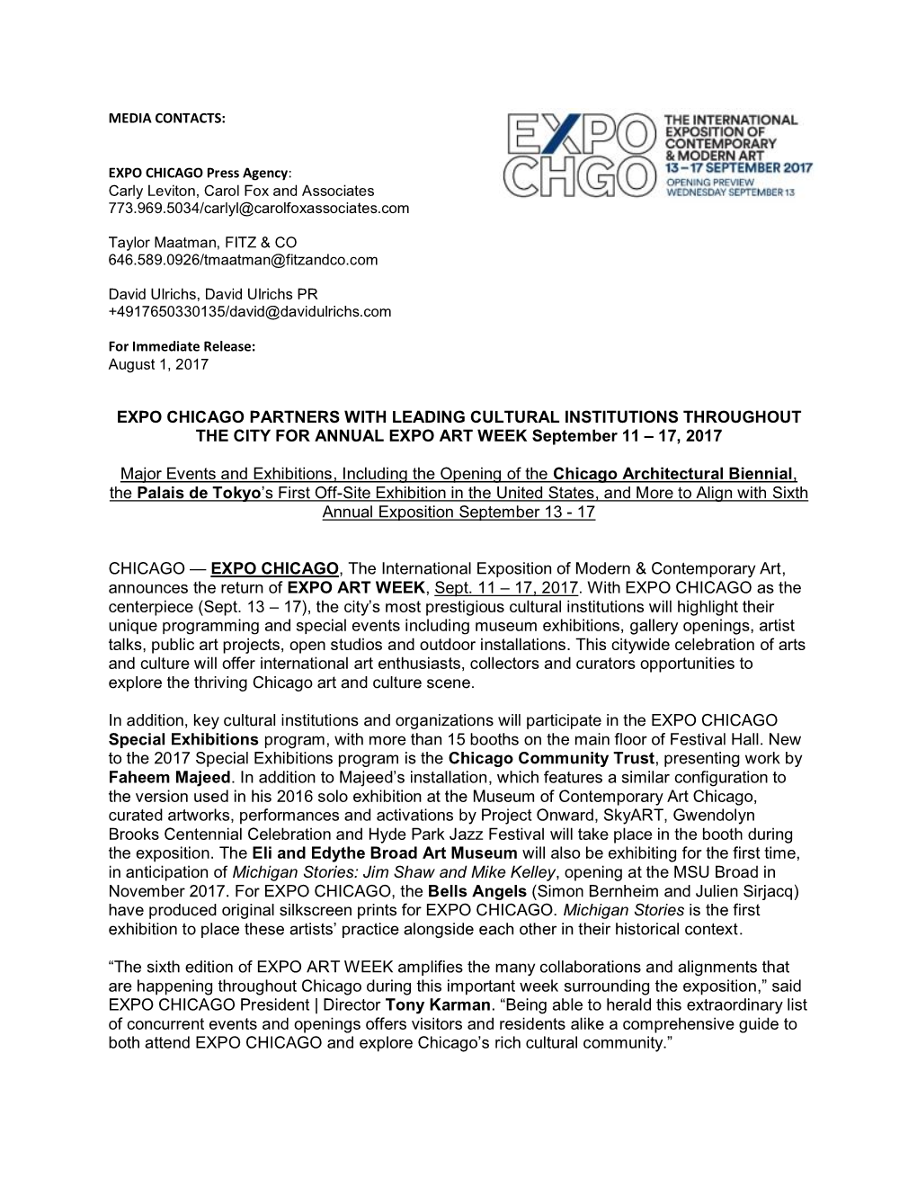 EXPO CHICAGO PARTNERS with LEADING CULTURAL INSTITUTIONS THROUGHOUT the CITY for ANNUAL EXPO ART WEEK September 11 – 17, 2017