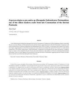 Decapoda: Eubrachyura: Portunoidea), One of the Oldest Modern Crabs from Late Cenomanian of the Iberian Peninsula