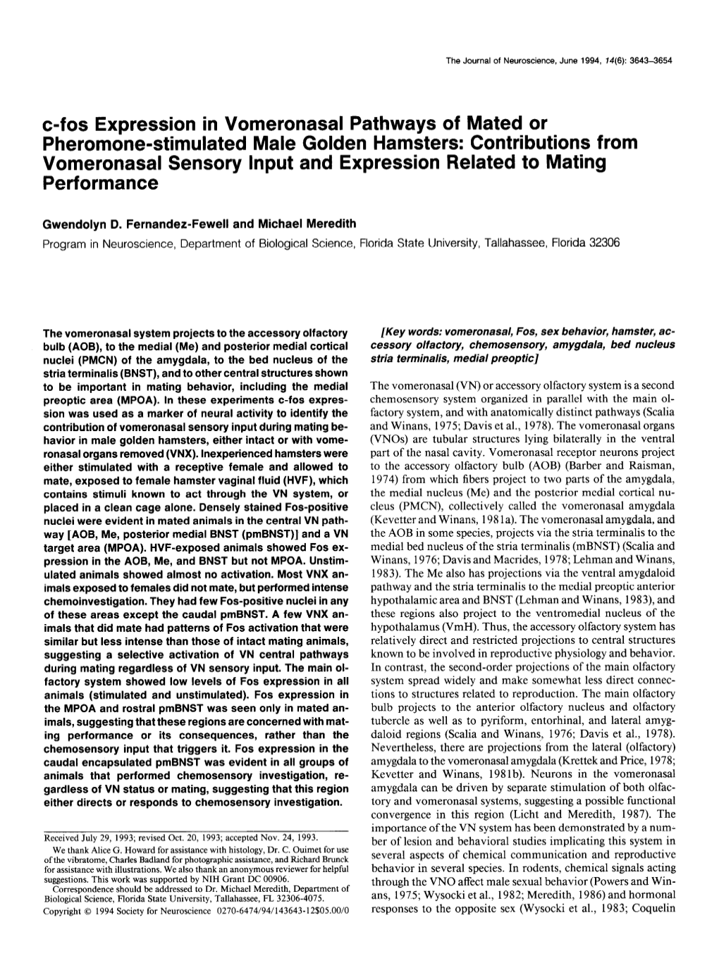 C-Fos Expression in Vomeronasal Pathways of Mated Or