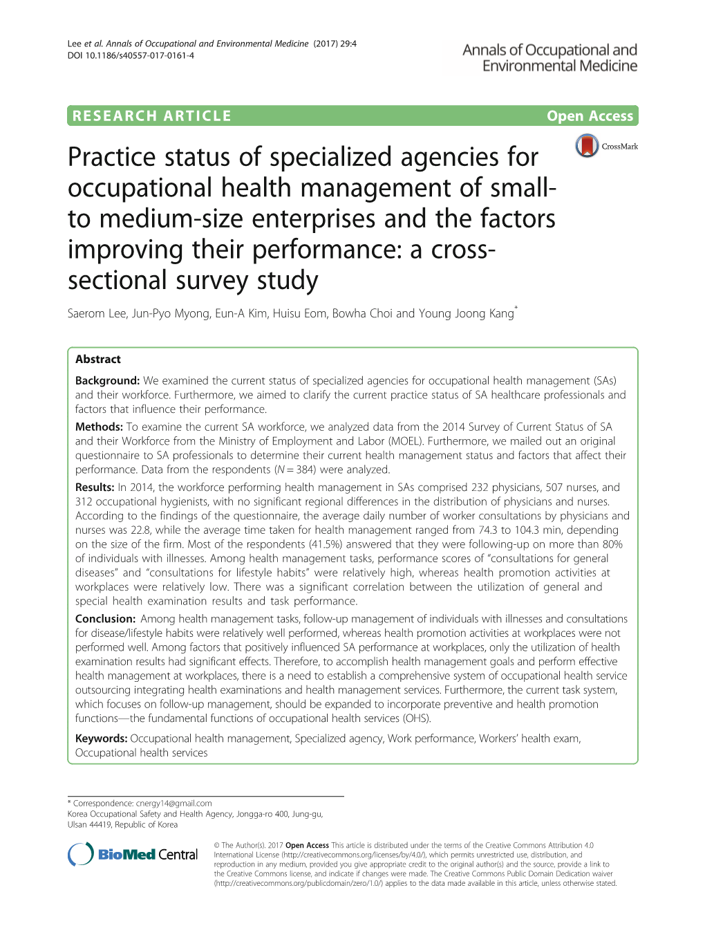 Practice Status of Specialized Agencies for Occupational Health Management of Small