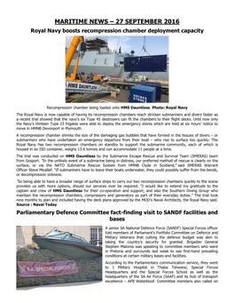 MARITIME NEWS – 27 SEPTEMBER 2016 Royal Navy Boosts Recompression Chamber Deployment Capacity
