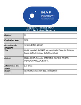 Spaziali" Dell'inaf Nei Campi Della Fisica Del Sistema Solare, Dell'astrofisica E Della Cosmologia