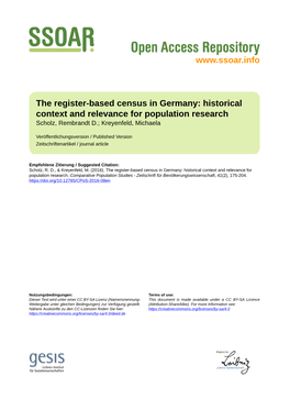 The Register-Based Census in Germany: Historical Context and Relevance for Population Research Scholz, Rembrandt D.; Kreyenfeld, Michaela