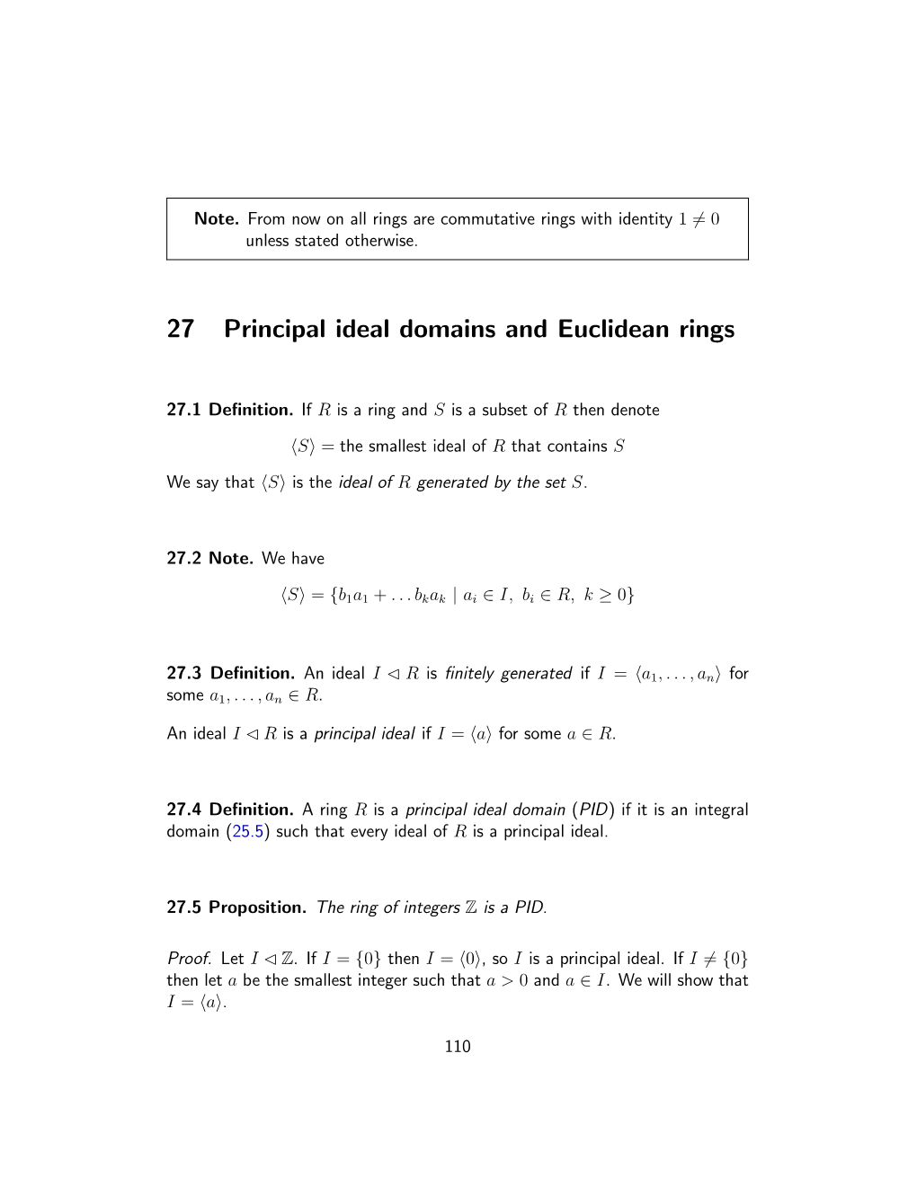 27 Principal Ideal Domains and Euclidean Rings