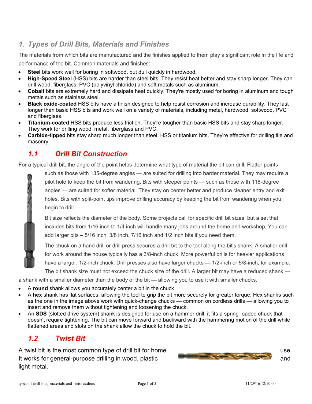 1. Types of Drill Bits, Materials and Finishes