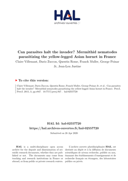 Mermithid Nematodes Parasitizing the Yellow-Legged Asian Hornet in France