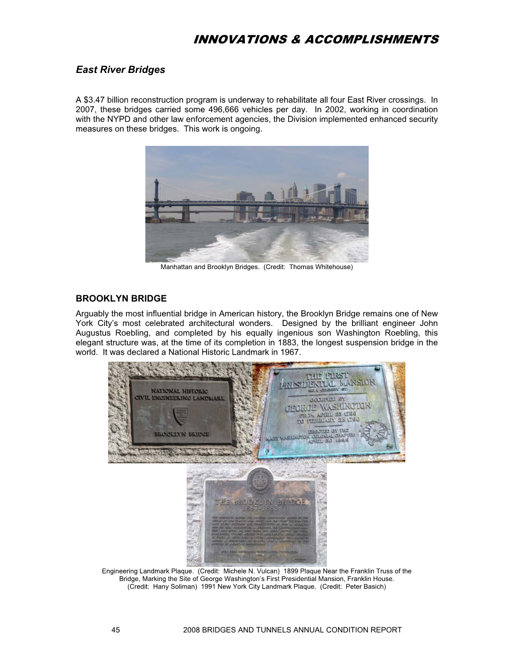 2008 Bridges and Tunnels Annual Condition Report Innovations & Accomplishments