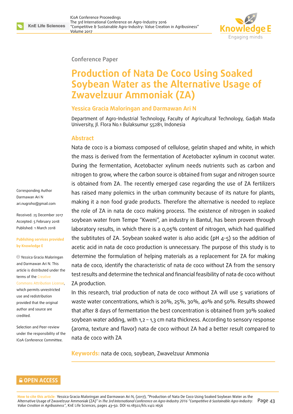 Production of Nata De Coco Using Soaked Soybean Water As the Alternative Usage of Zwavelzuur Ammoniak
