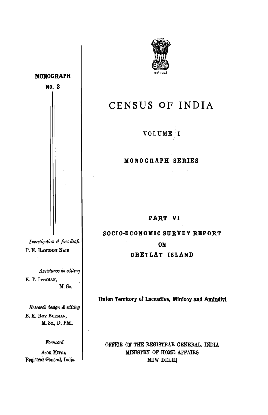 Monograph Series Socio-Economic Survey Report on Chetlat Island