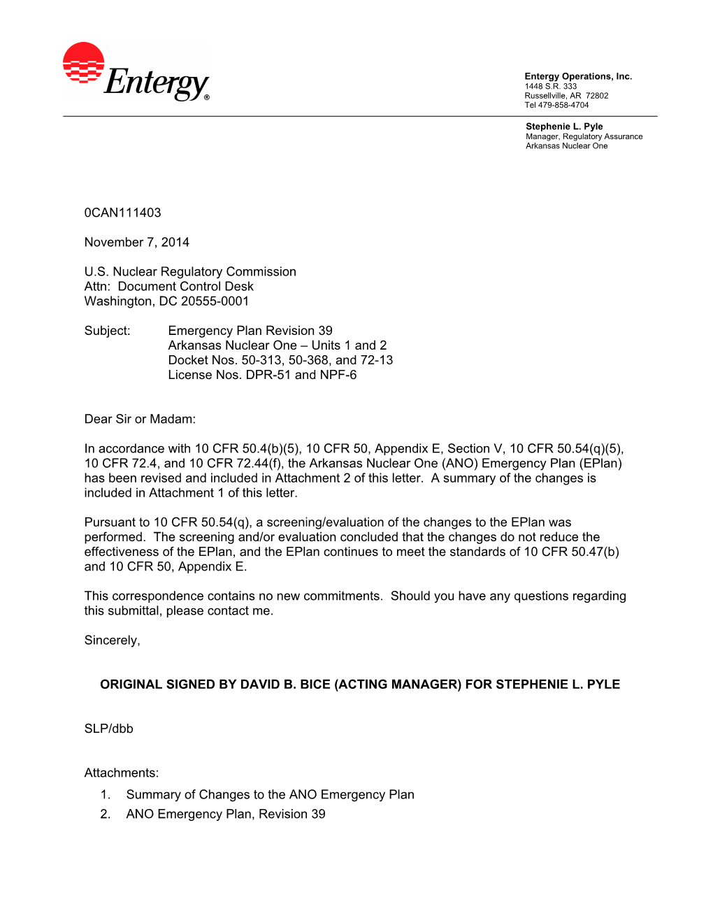 Arkansas Nuclear One, Units 1 and 2, Emergency Plan Revision