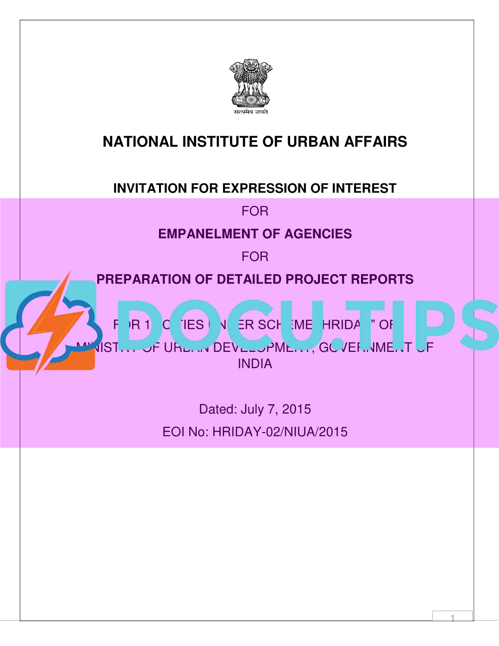 EOI for Empanelment of Agencies for Preparation of Detail Project Report (DPR) Under HRIDAY Scheme