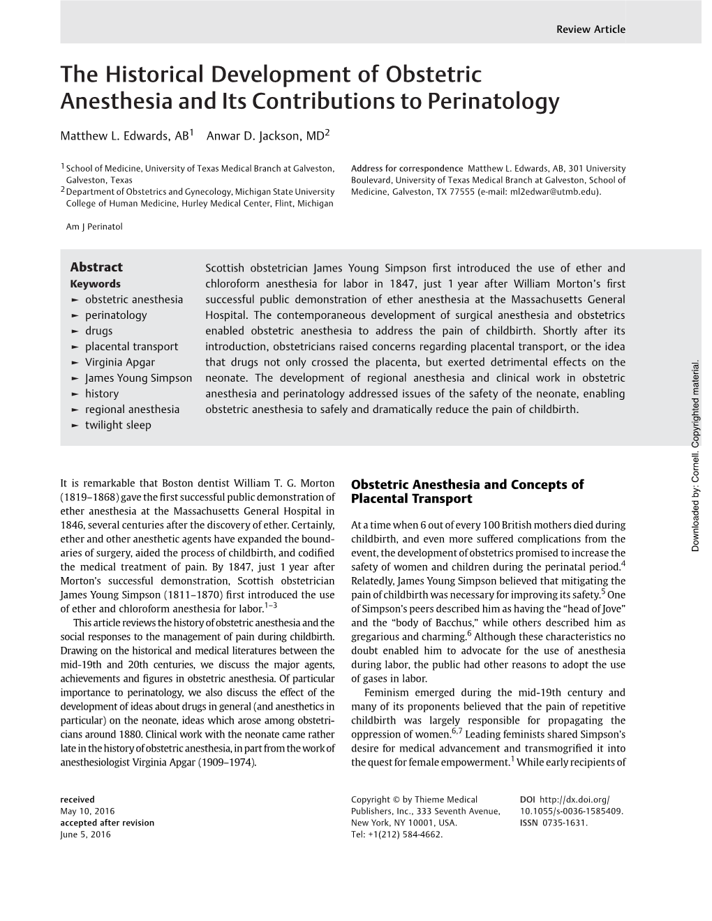 The Historical Development of Obstetric Anesthesia and Its Contributions to Perinatology