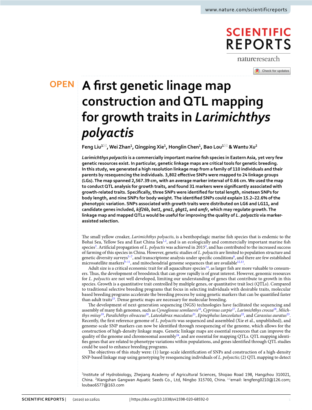 A First Genetic Linage Map Construction and QTL Mapping for Growth Traits