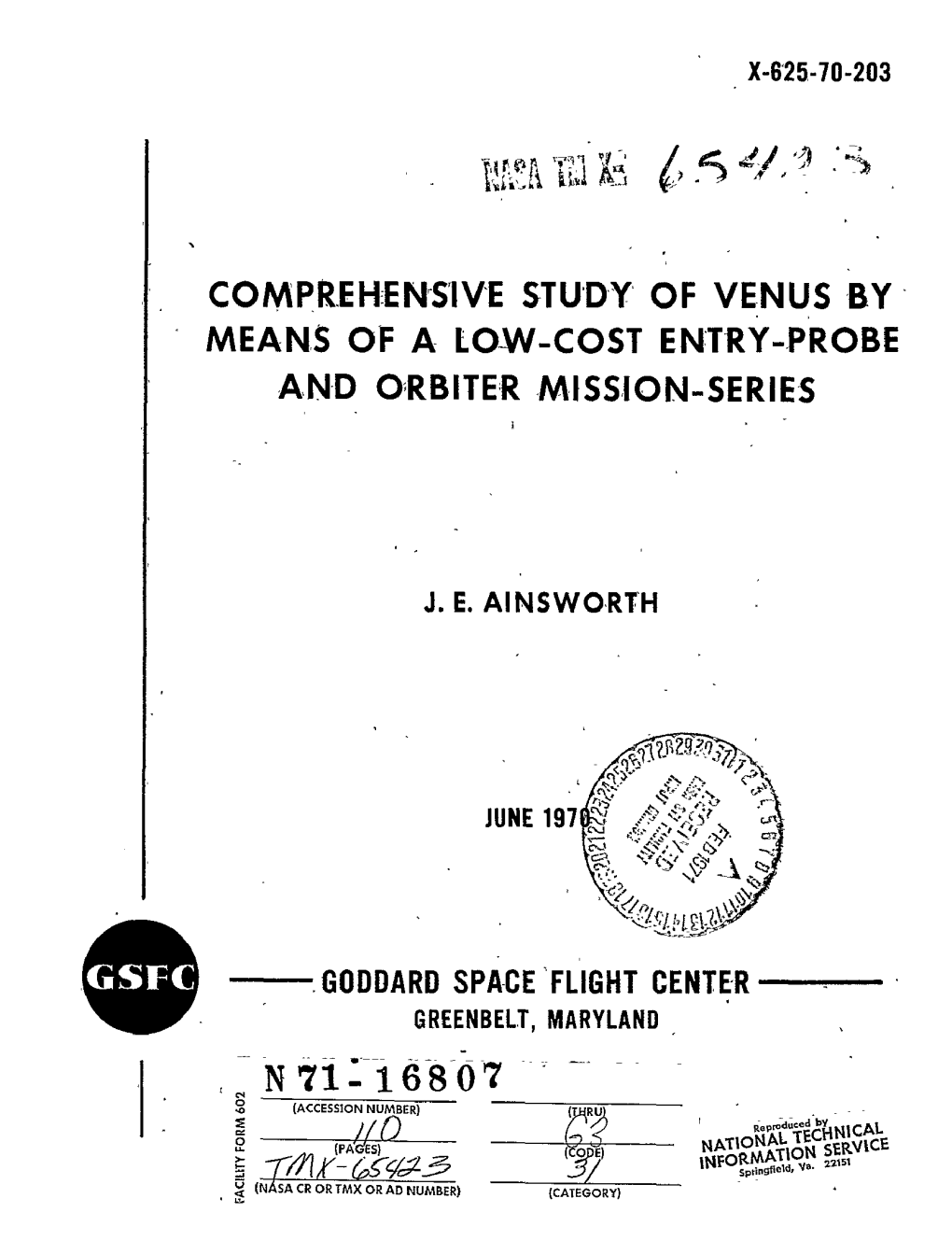 COMPREHENSIVE STUDY of VENUS by MEANS of a LOW-COST ENTRY-PROBE and ORBITER MISSION-SERIES 4V -N71"1680-)7