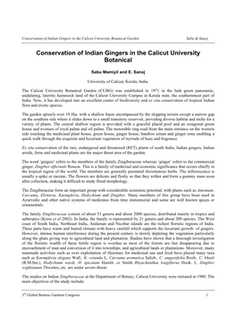 Conservation of Indian Gingers in the Calicut University Botanical Garden Sabu & Sanoj