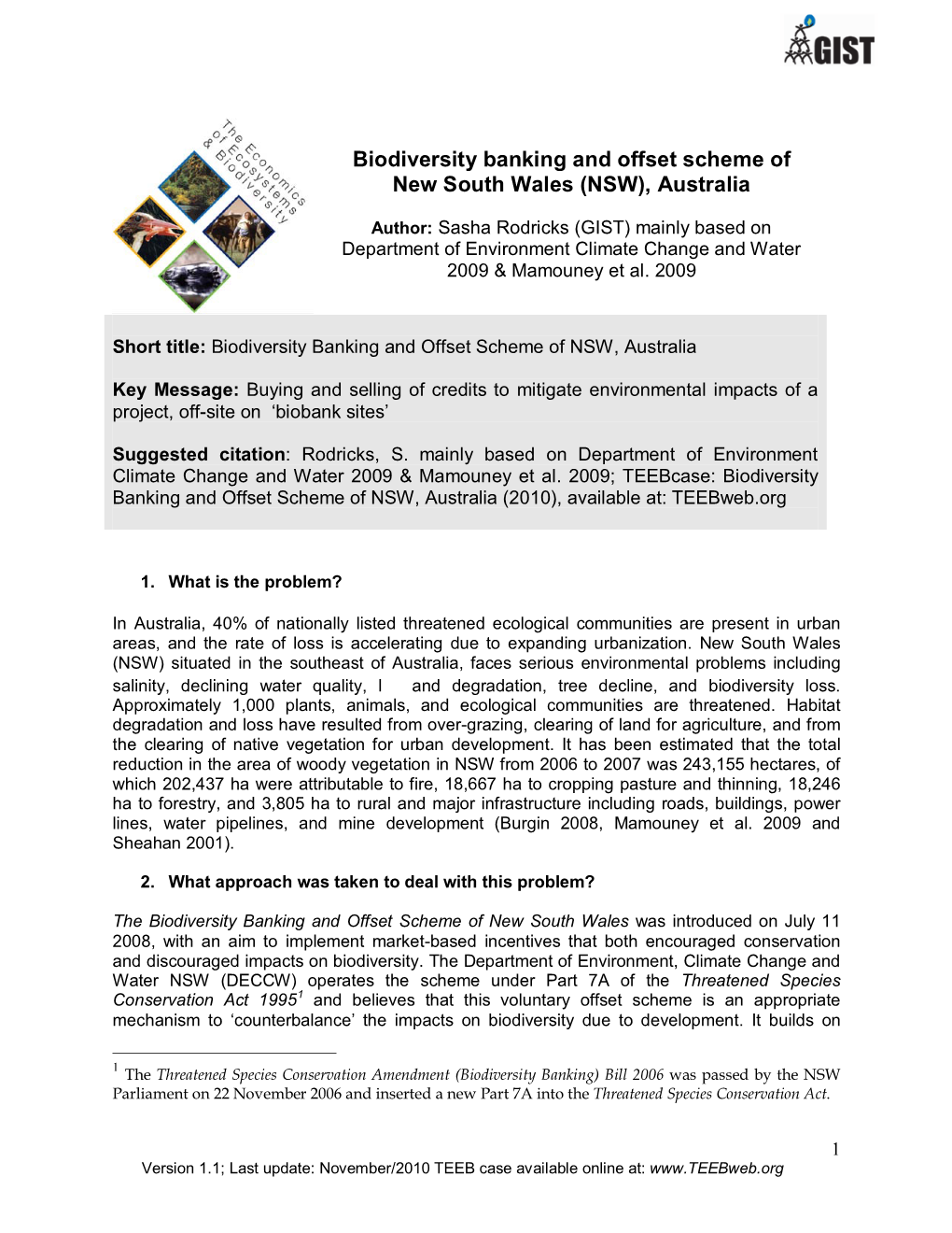 Biodiversity Banking and Offset Scheme of New South Wales (NSW), Australia