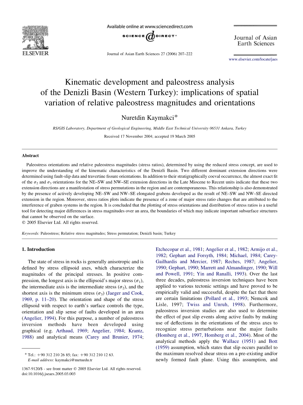 Kinematic Development and Paleostress Analysis of the Denizli