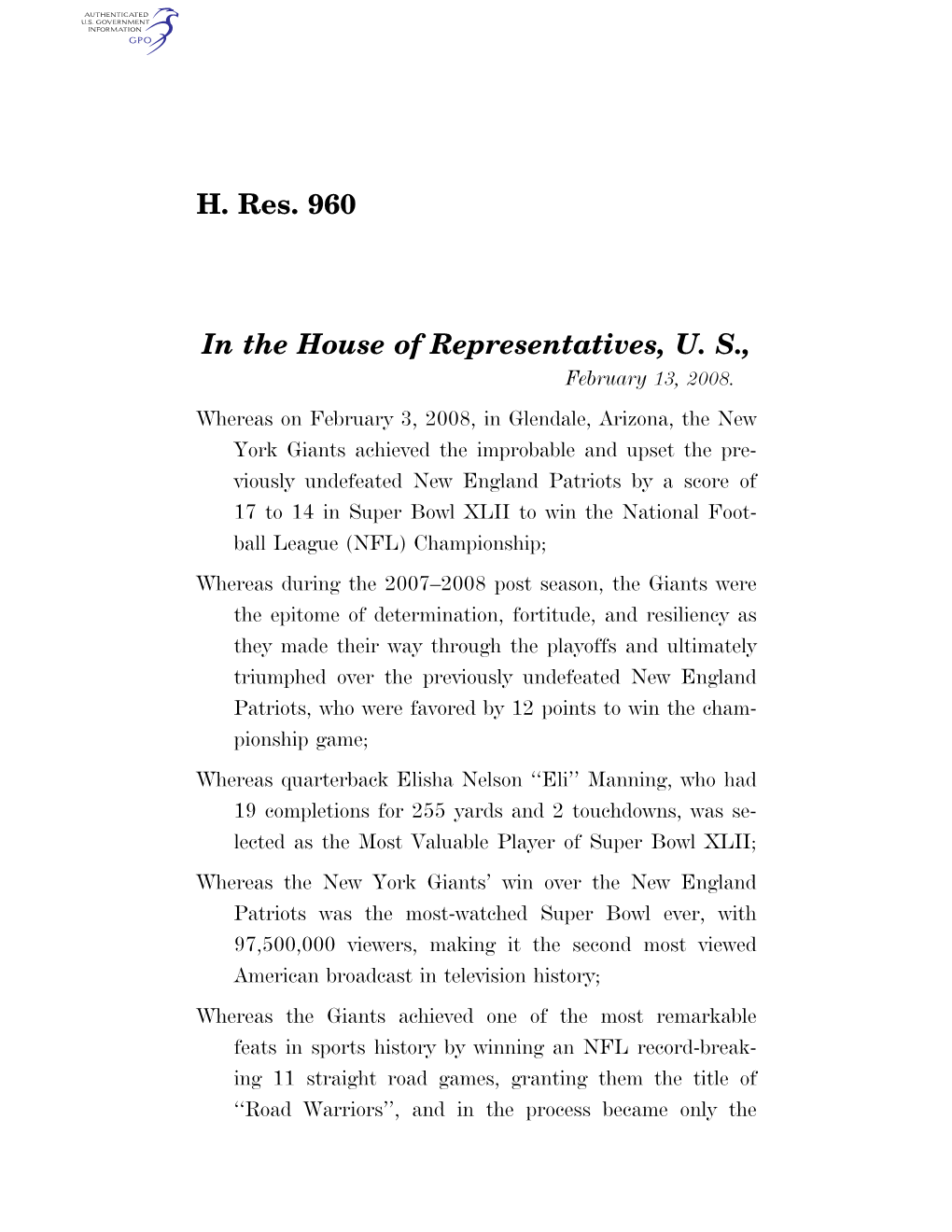 H. Res. 960 in the House of Representatives, U