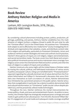 Book Review Anthony Hatcher: Religion and Media in America Lanham, MD: Lexington Books, 2018, 296 Pp., ISBN 978-1498514446