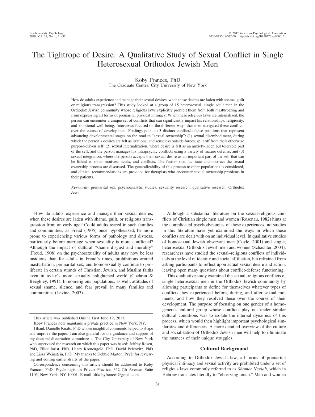 The Tightrope of Desire: a Qualitative Study of Sexual Conflict in Single Heterosexual Orthodox Jewish Men