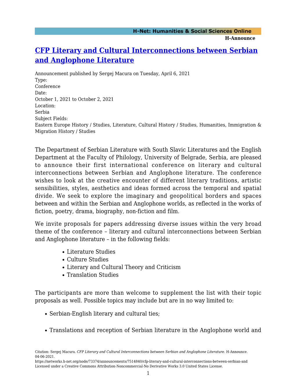 CFP Literary and Cultural Interconnections Between Serbian and Anglophone Literature
