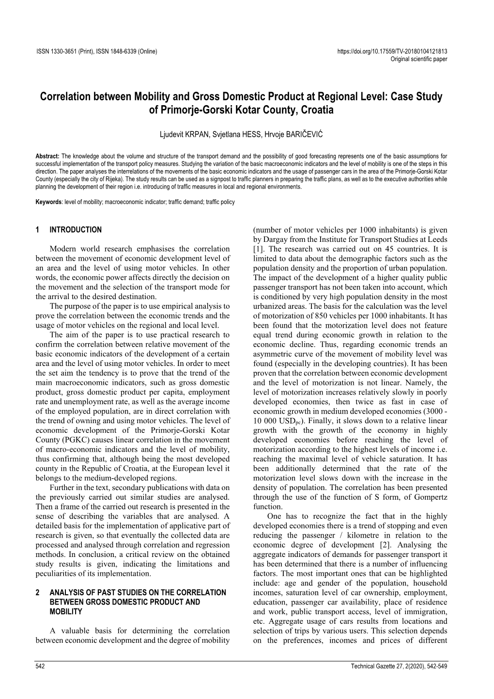 Correlation Between Mobility and Gross Domestic Product at Regional Level: Case Study of Primorje-Gorski Kotar County, Croatia