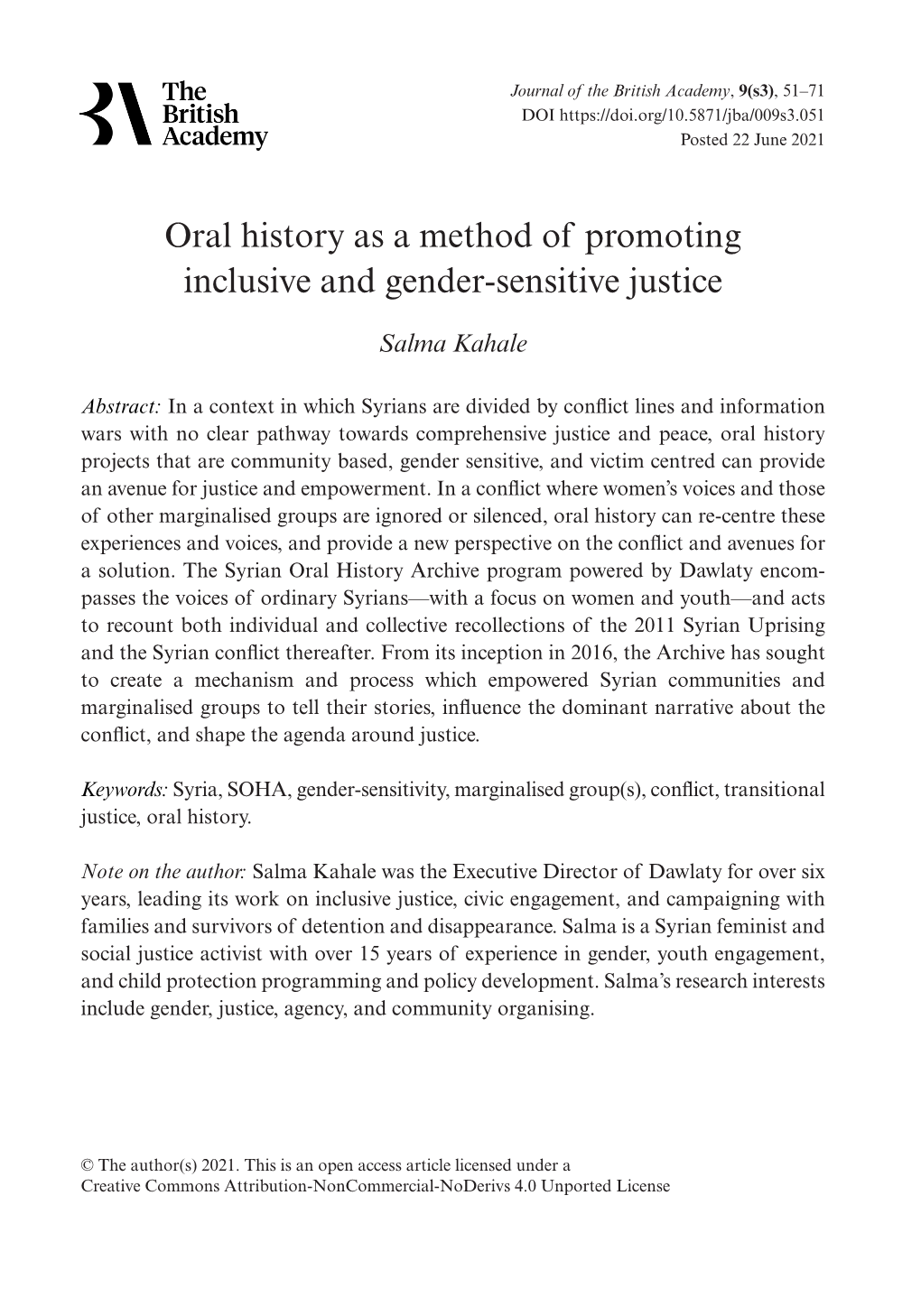 Oral History As a Method of Promoting Inclusive and Gender-Sensitive Justice