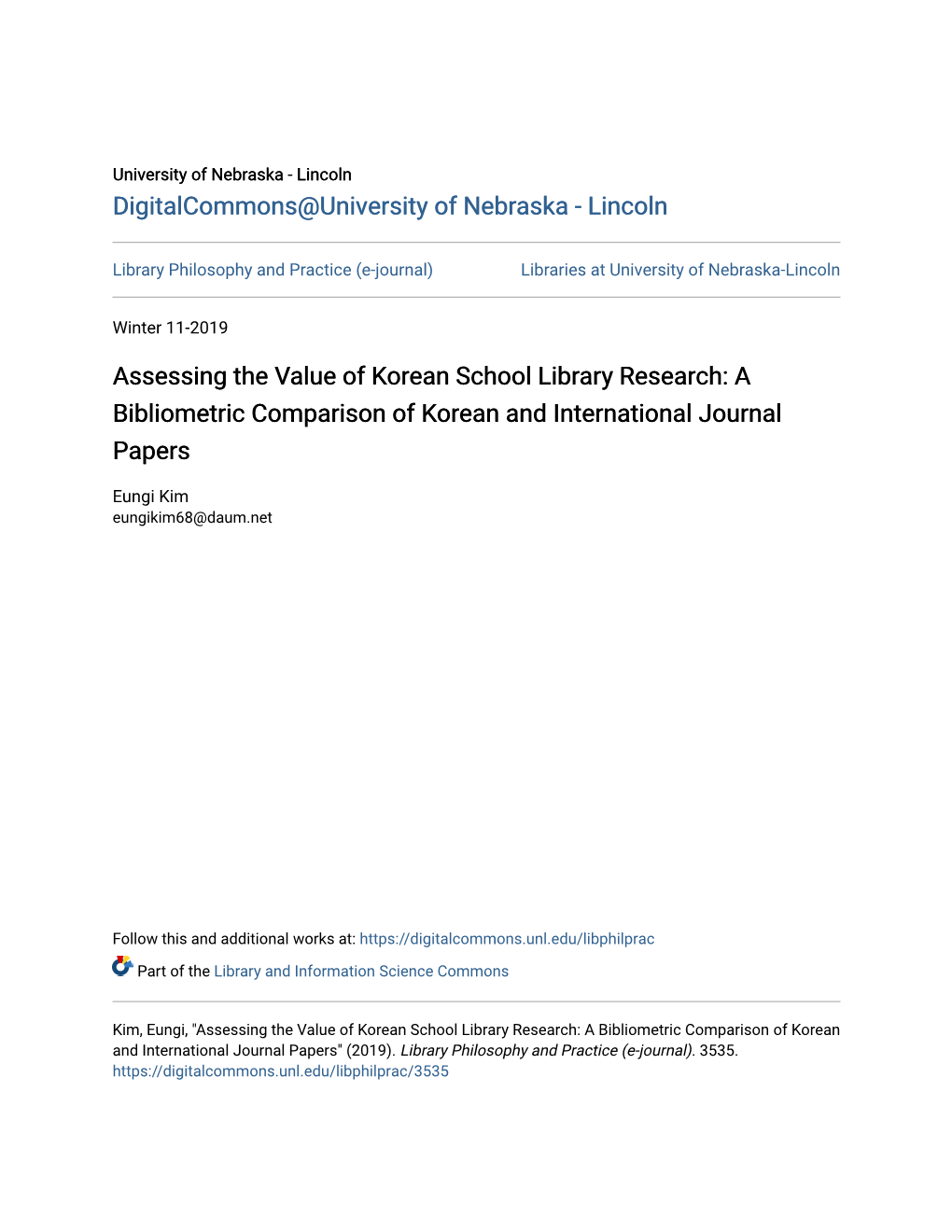 Assessing the Value of Korean School Library Research: a Bibliometric Comparison of Korean and International Journal Papers