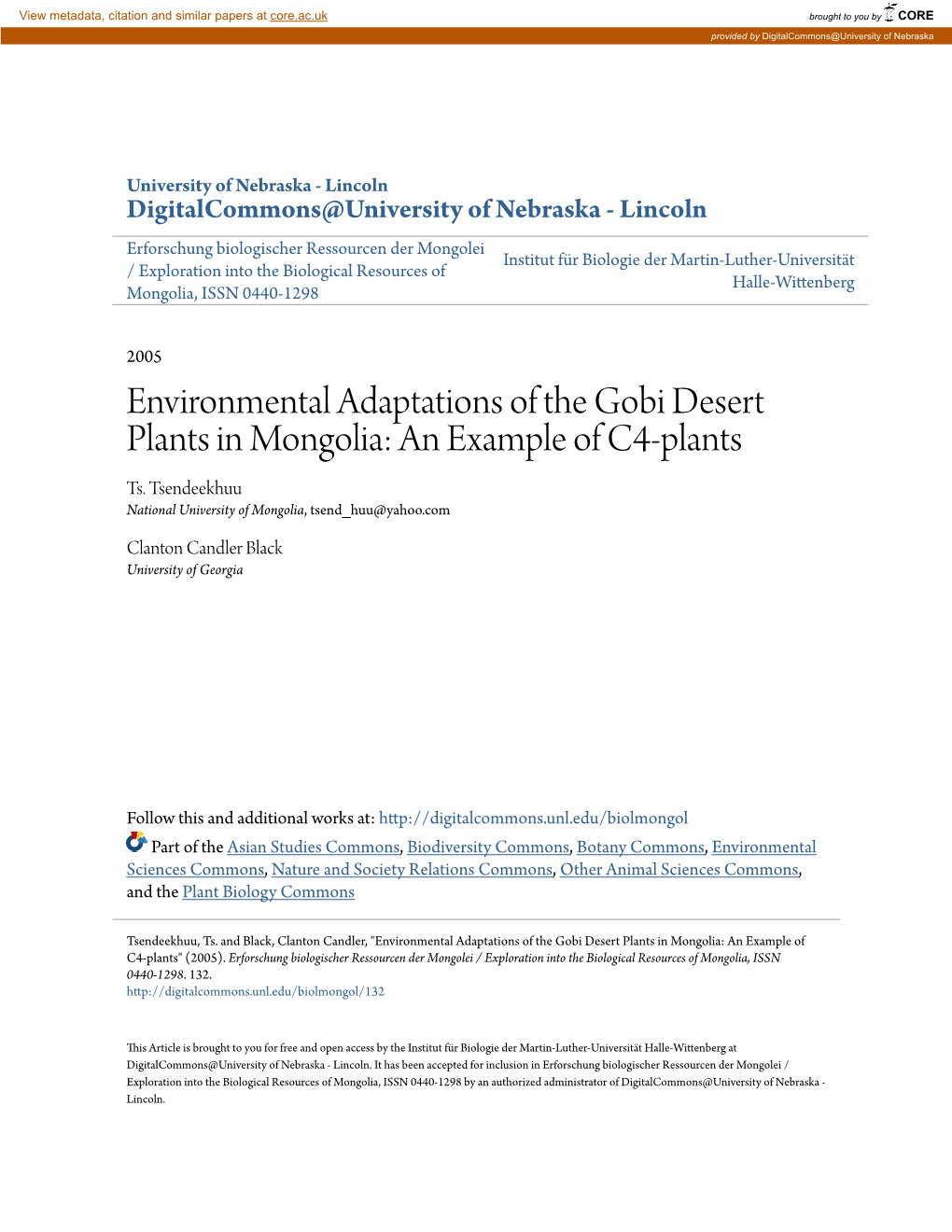 Environmental Adaptations of the Gobi Desert Plants in Mongolia: an Example of C4-Plants Ts