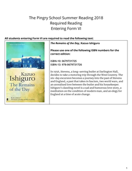 The Pingry School Summer Reading 2018 Required Reading Entering Form VI