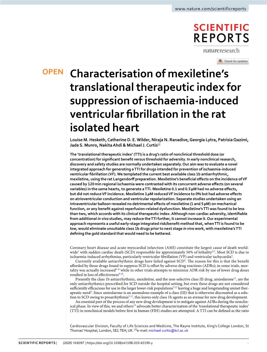 OPEN Characterisation of Mexiletine’S Translational Therapeutic Index for Suppression of Ischaemia-Induced Ventricular Fbrillation in the Rat Isolated Heart Louise M