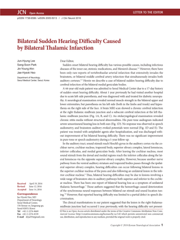Bilateral Sudden Hearing Difficulty Caused by Bilateral Thalamic Infarction