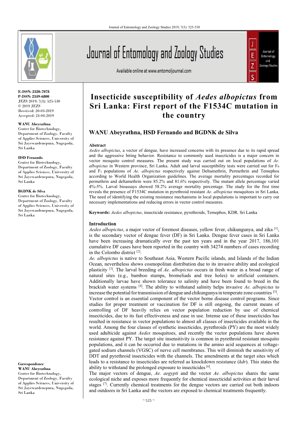 Insecticide Susceptibility of Aedes Albopictus from Sri Lanka