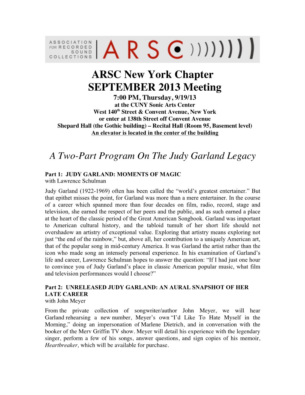 ARSC New York Chapter SEPTEMBER 2013 Meeting
