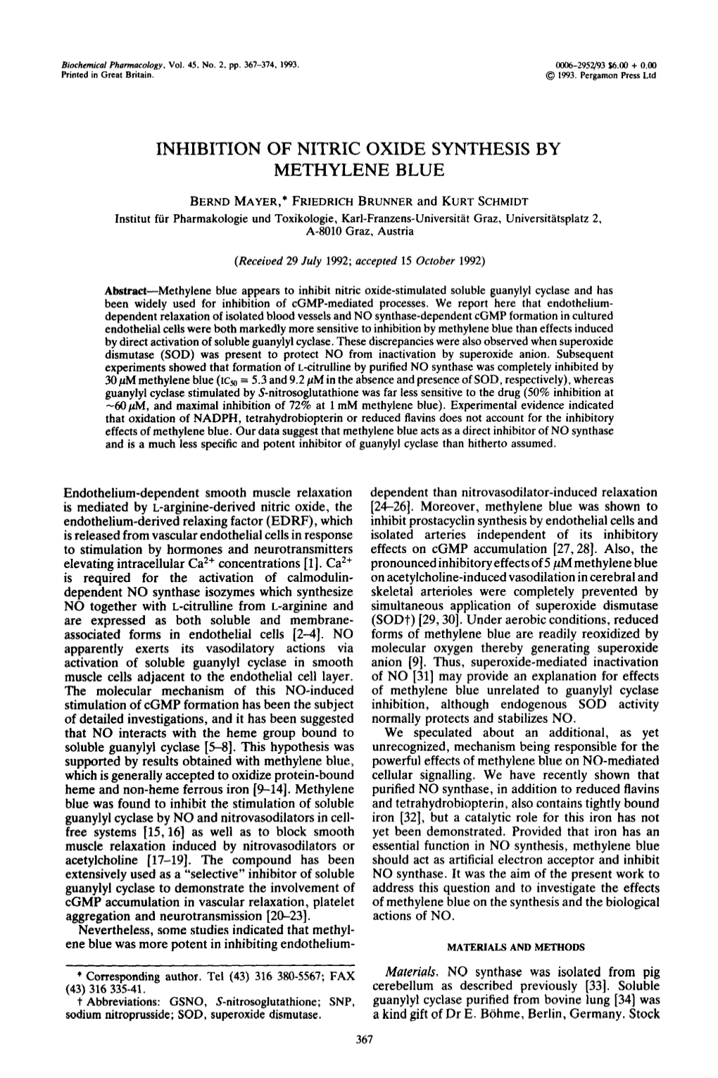 Inhibition of Nitric Oxide Synthesis by Methylene Blue